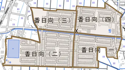 香日向とその周辺の地図。町の範囲を重ねている