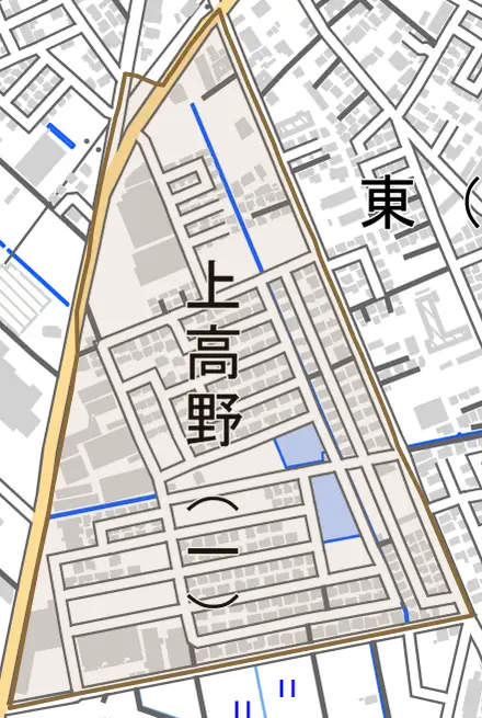 上高野とその周辺の地図。町の範囲を重ねている
