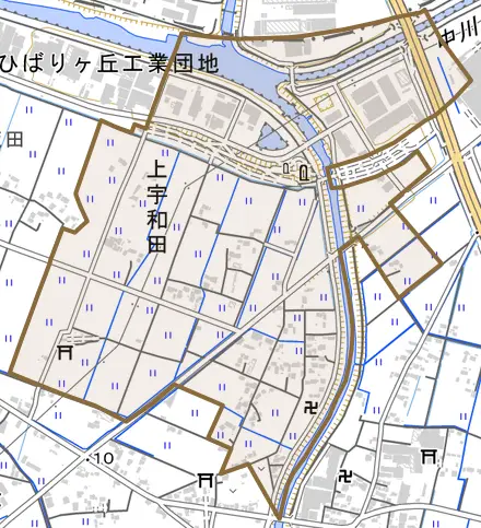 大字上宇和田とその周辺の地図。町の範囲を重ねている