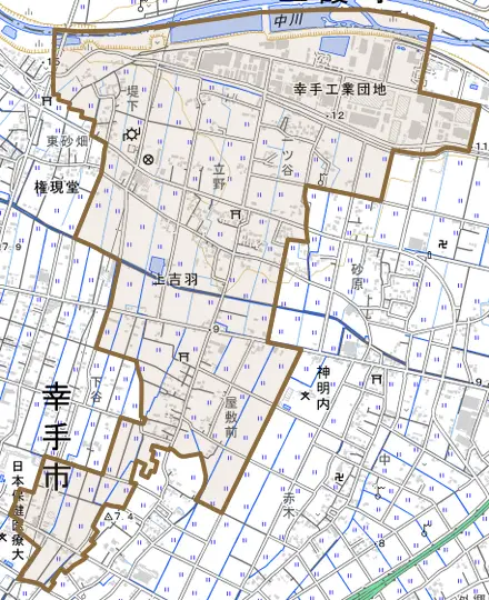 大字上吉羽とその周辺の地図。町の範囲を重ねている