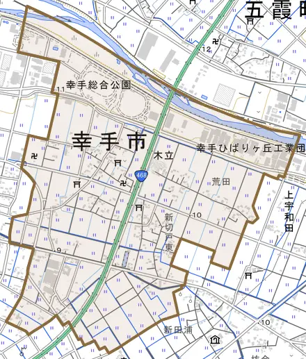 大字木立とその周辺の地図。町の範囲を重ねている