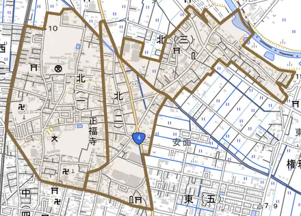 北とその周辺の地図。町の範囲を重ねている