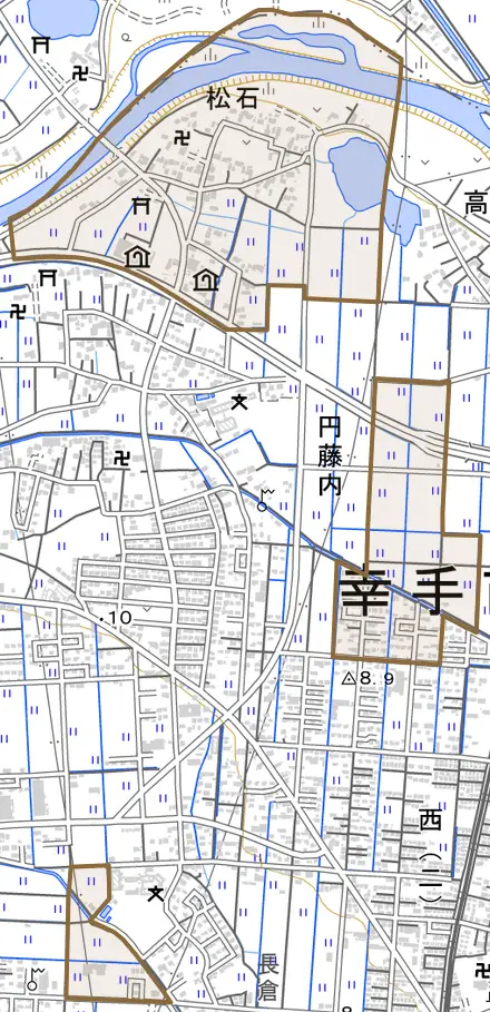 大字松石とその周辺の地図。町の範囲を重ねている