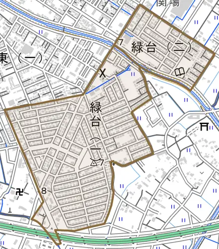 緑台とその周辺の地図。町の範囲を重ねている