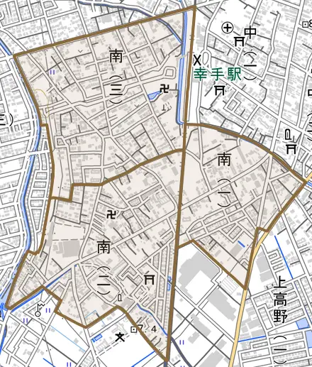 南とその周辺の地図。町の範囲を重ねている