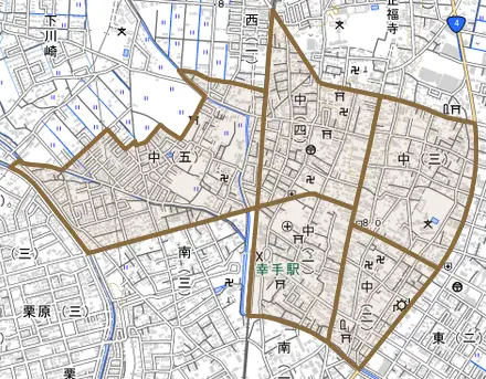 中とその周辺の地図。町の範囲を重ねている