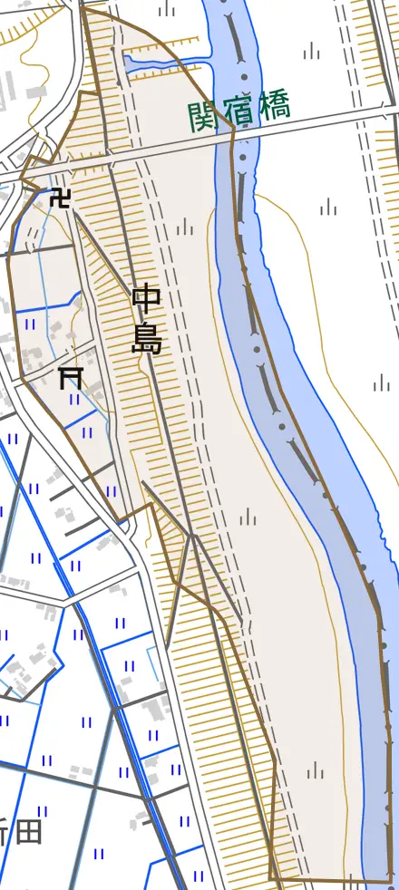 大字中島とその周辺の地図。町の範囲を重ねている