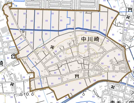 大字中川崎とその周辺の地図。町の範囲を重ねている