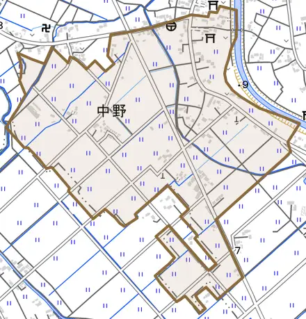 大字中野とその周辺の地図。町の範囲を重ねている