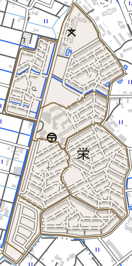栄とその周辺の地図。町の範囲を重ねている