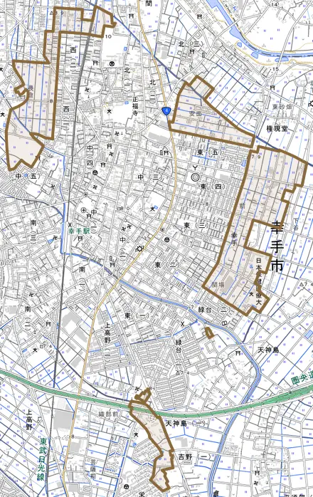 大字幸手とその周辺の地図。町の範囲を重ねている