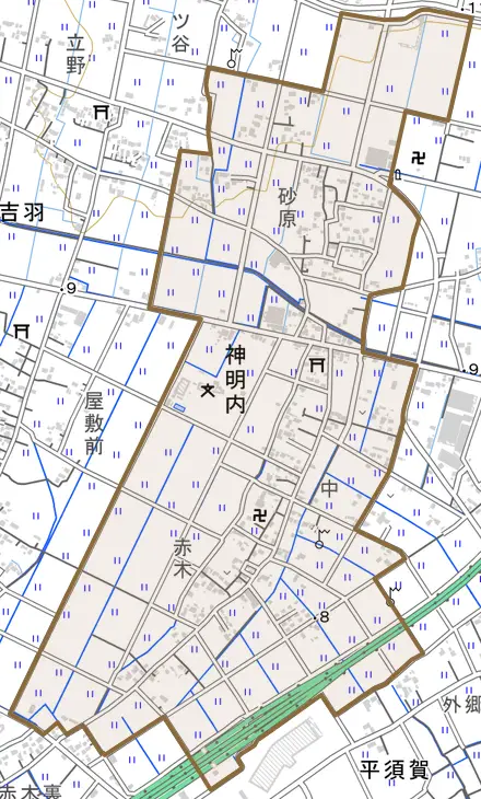 大字神明内とその周辺の地図。町の範囲を重ねている