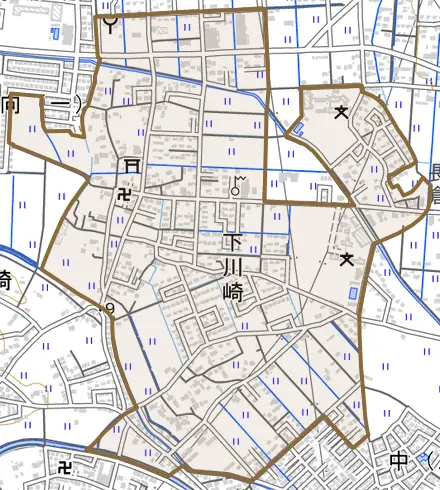 大字下川崎とその周辺の地図。町の範囲を重ねている
