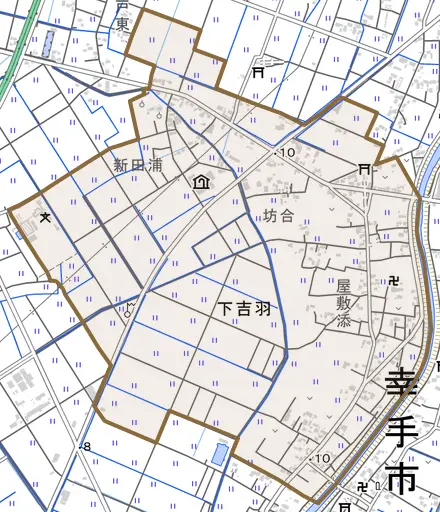 大字下吉羽とその周辺の地図。町の範囲を重ねている