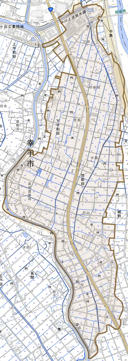 大字惣新田とその周辺の地図。町の範囲を重ねている