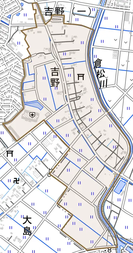 大字吉野とその周辺の地図。町の範囲を重ねている