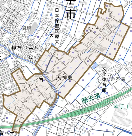大字天神島とその周辺の地図。町の範囲を重ねている