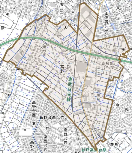 大字上高野とその周辺の地図。町の範囲を重ねている