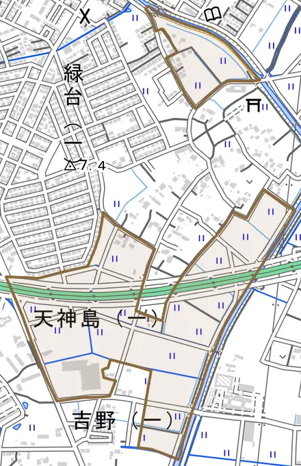 天神島とその周辺の地図。町の範囲を重ねている