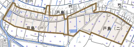 戸島とその周辺の地図。町の範囲を重ねている