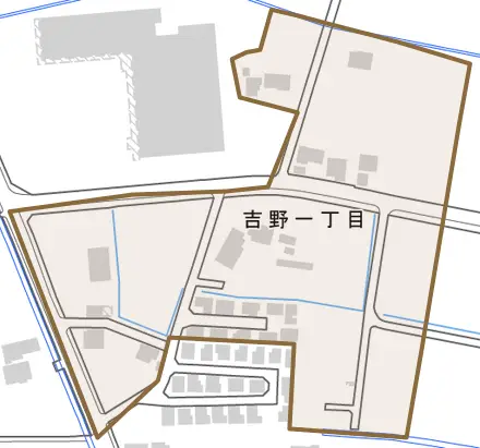 吉野とその周辺の地図。町の範囲を重ねている
