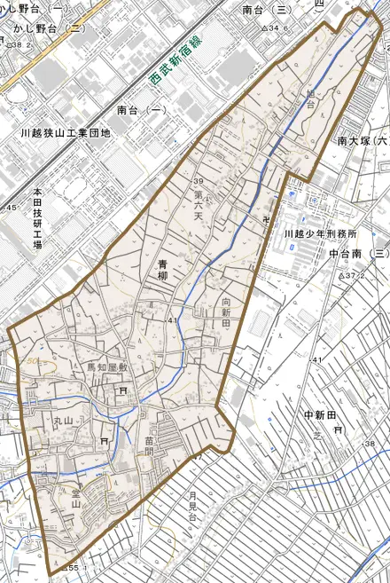大字青柳とその周辺の地図。町の範囲を重ねている