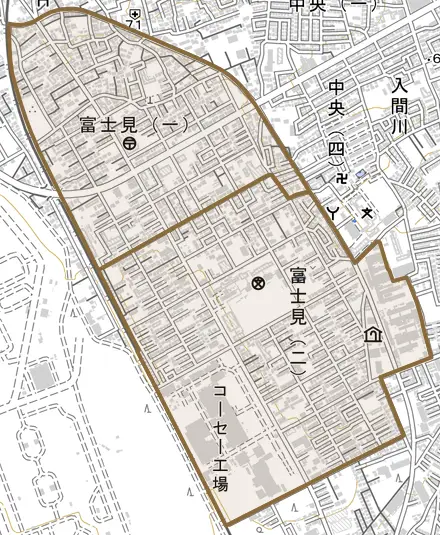 富士見とその周辺の地図。町の範囲を重ねている
