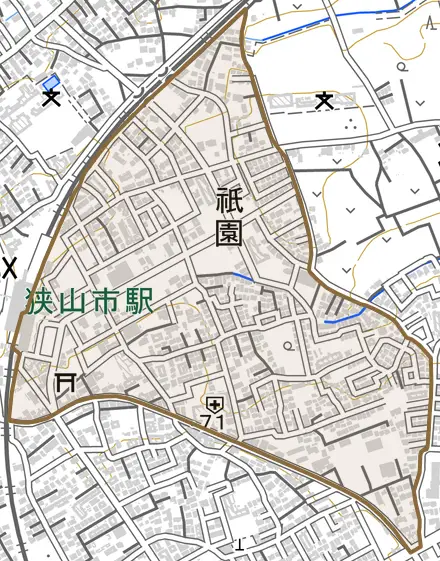 祇園とその周辺の地図。町の範囲を重ねている