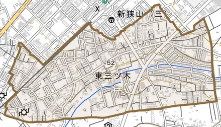 大字東三ツ木とその周辺の地図。町の範囲を重ねている