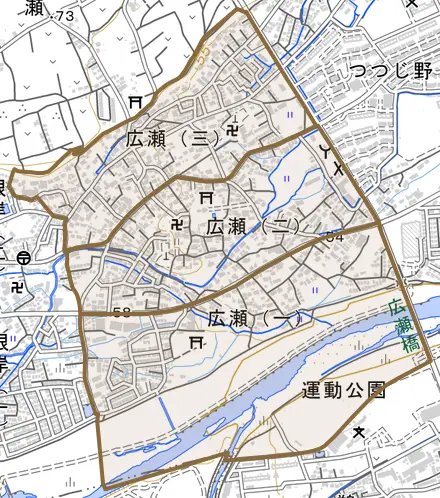 広瀬とその周辺の地図。町の範囲を重ねている