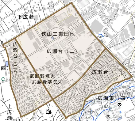 広瀬台とその周辺の地図。町の範囲を重ねている