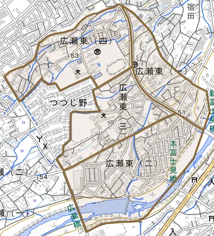 広瀬東とその周辺の地図。町の範囲を重ねている