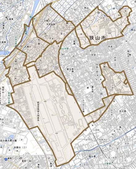 入間川とその周辺の地図。町の範囲を重ねている