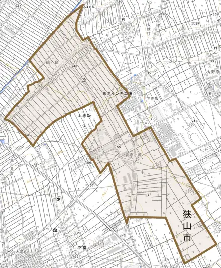 大字上赤坂とその周辺の地図。町の範囲を重ねている