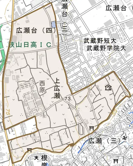 大字上広瀬とその周辺の地図。町の範囲を重ねている