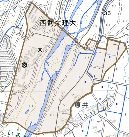 大字柏原新田とその周辺の地図。町の範囲を重ねている