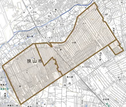 大字水野とその周辺の地図。町の範囲を重ねている