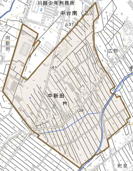 大字中新田とその周辺の地図。町の範囲を重ねている
