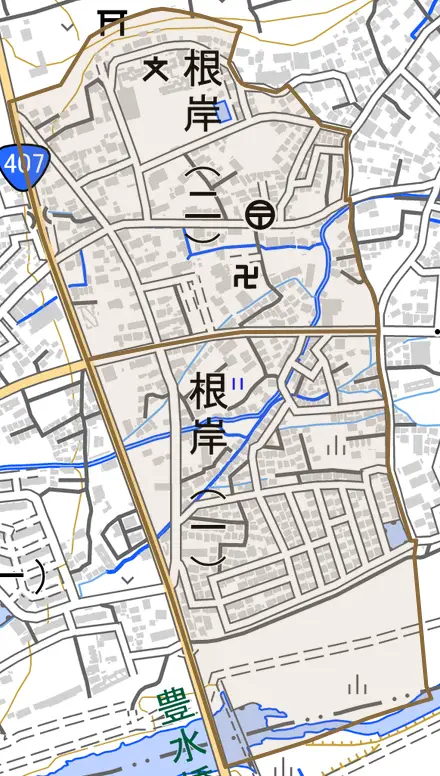 根岸とその周辺の地図。町の範囲を重ねている