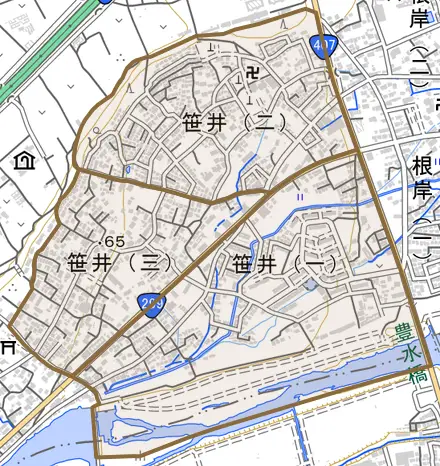 笹井とその周辺の地図。町の範囲を重ねている