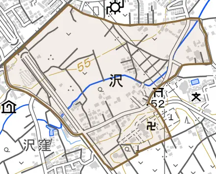 沢とその周辺の地図。町の範囲を重ねている
