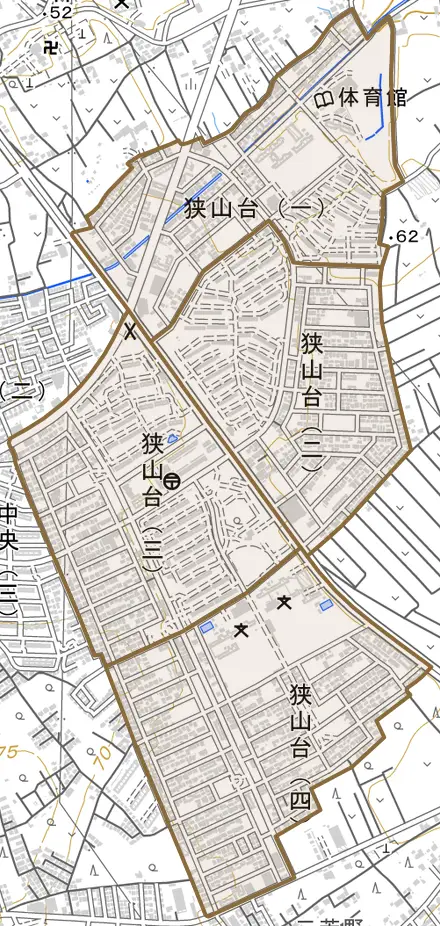 狭山台とその周辺の地図。町の範囲を重ねている