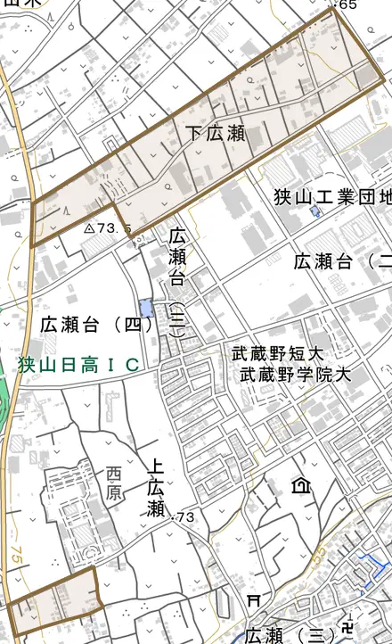 大字下広瀬とその周辺の地図。町の範囲を重ねている