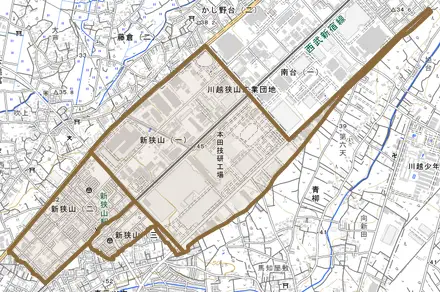 新狭山とその周辺の地図。町の範囲を重ねている