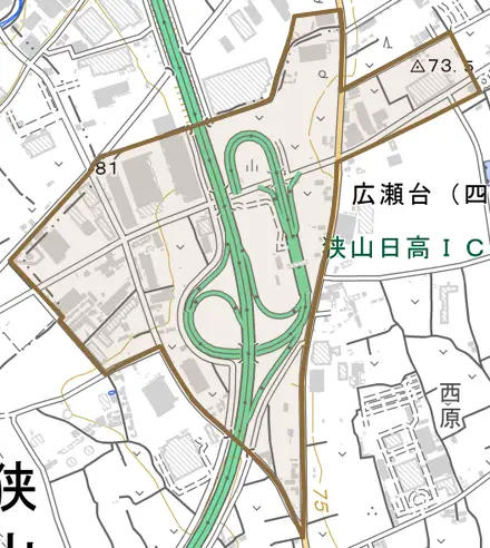 大字根岸とその周辺の地図。町の範囲を重ねている