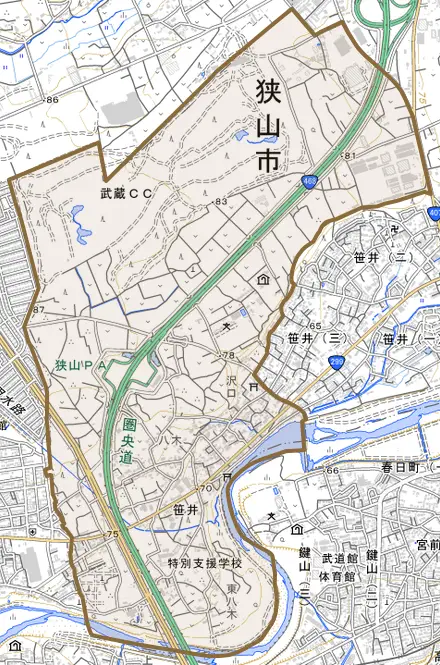 大字笹井とその周辺の地図。町の範囲を重ねている