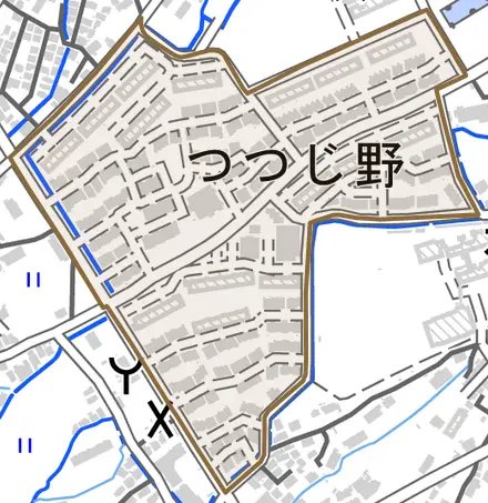 つつじ野とその周辺の地図。町の範囲を重ねている