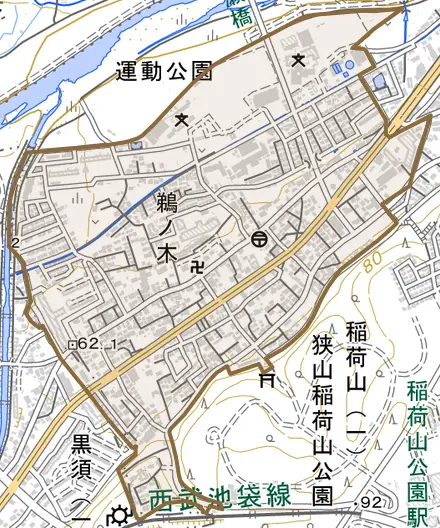 鵜ノ木とその周辺の地図。町の範囲を重ねている