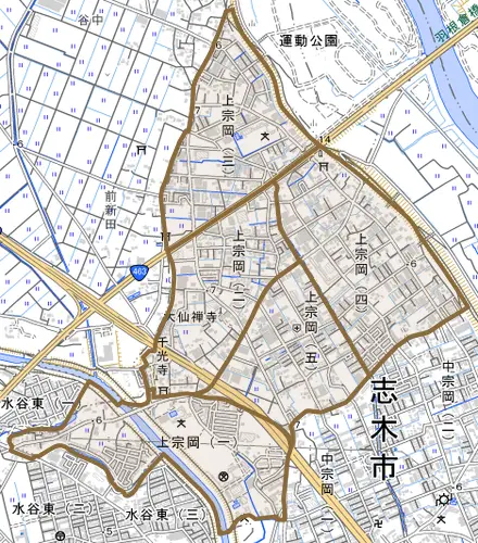 上宗岡とその周辺の地図。町の範囲を重ねている