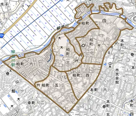 柏町とその周辺の地図。町の範囲を重ねている